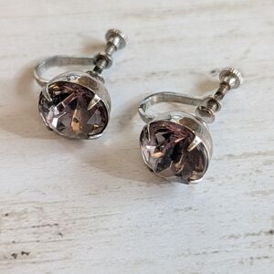 Vintage 1940s Large Smoky Grey Glass Statement Screw Back Earrings Solitaire